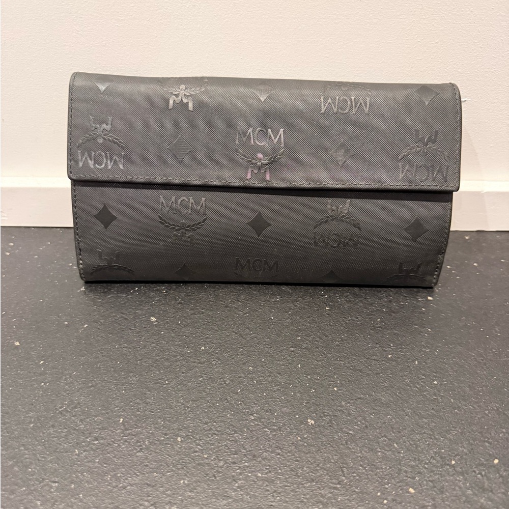 MCM Black Logo Embossed Flap Clutch
